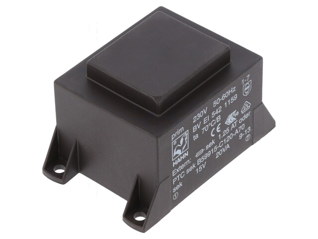 Transformator: ingegoten; 20VA; 230VAC; 15V; 1334mA; PCB; BVEI Transformator: ingegoten; 20VA; 230VAC; 15V; 1334mA; PCB; BVEI